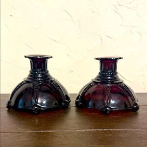 2cp Vintage Anchor Hocking Taper Candle Stick Holder Oyster Pearl Royal Ruby Red